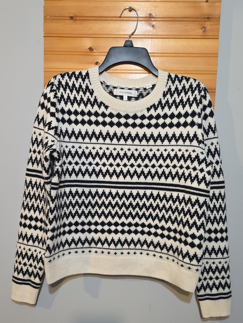 Chinti & Parker Cream Black Fair Isle Crewneck Sweater Size S Like New